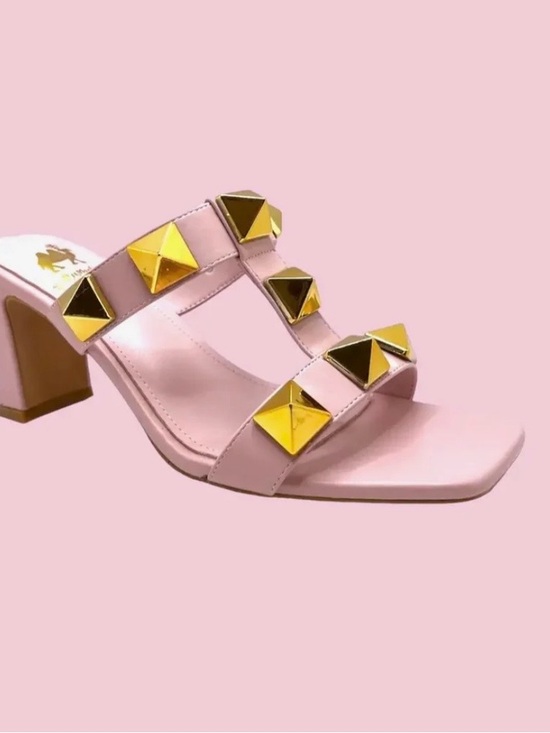 Shoes - Pink Gold-Stud Block Heel Sandals